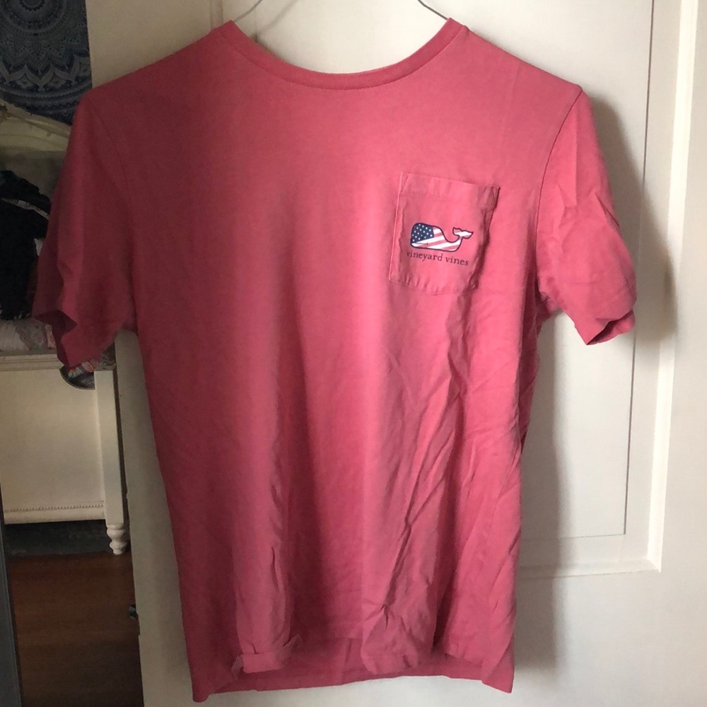Red Vineyard Vines shirt with American flag whale